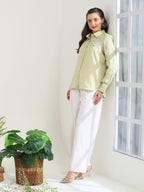 Soft Fern Hand Embroidered French lace Glazed Cotton Shirt