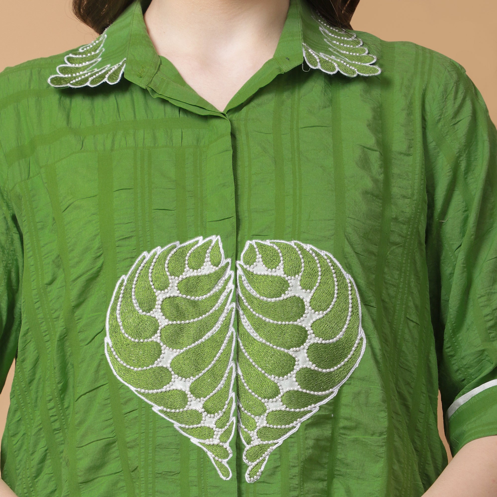 Green Cotton Crushed Embroidered Shirt