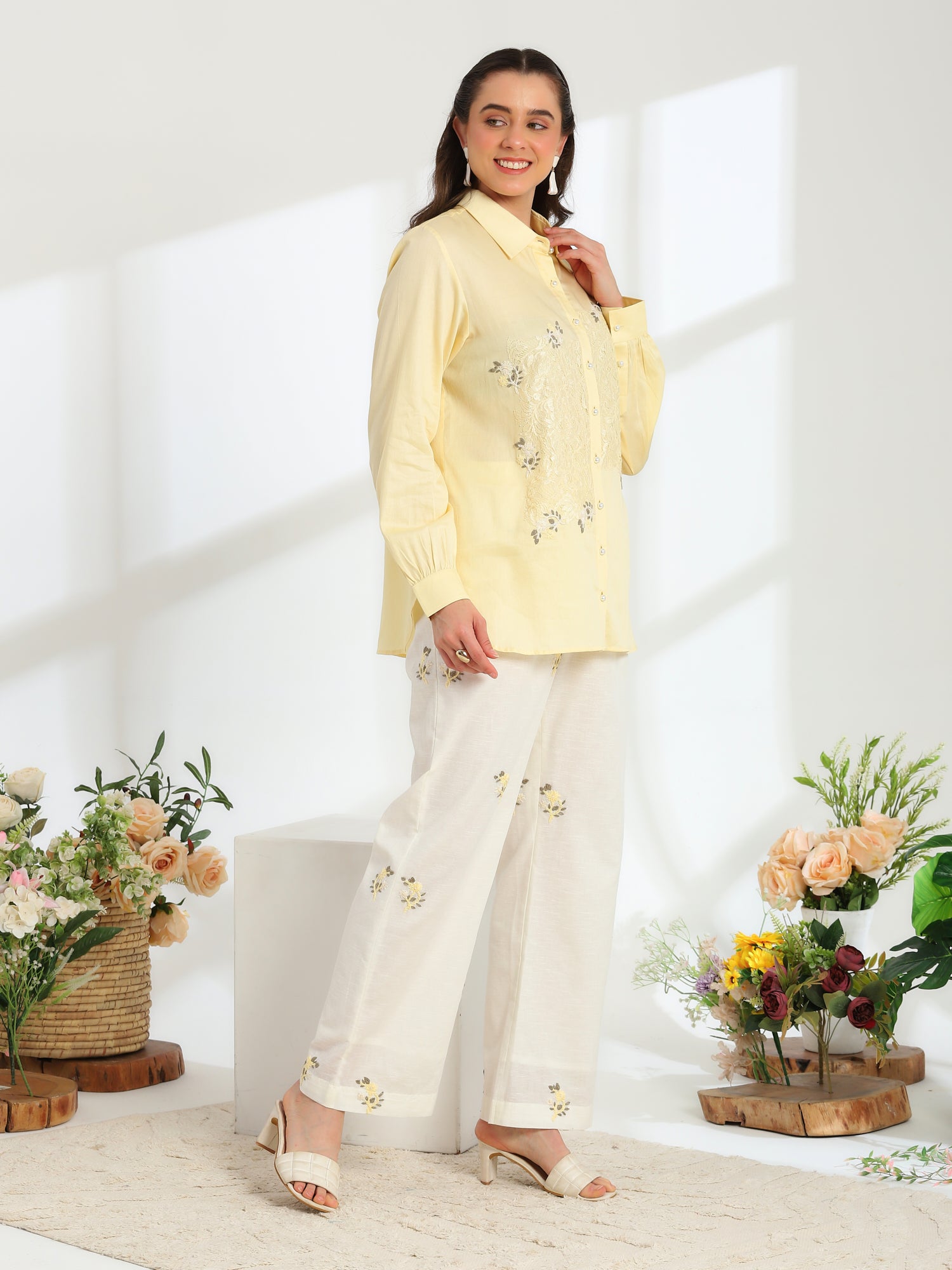 Butter Bloom yellow Hand Embroidered French lace Linen Cotton co-ord set
