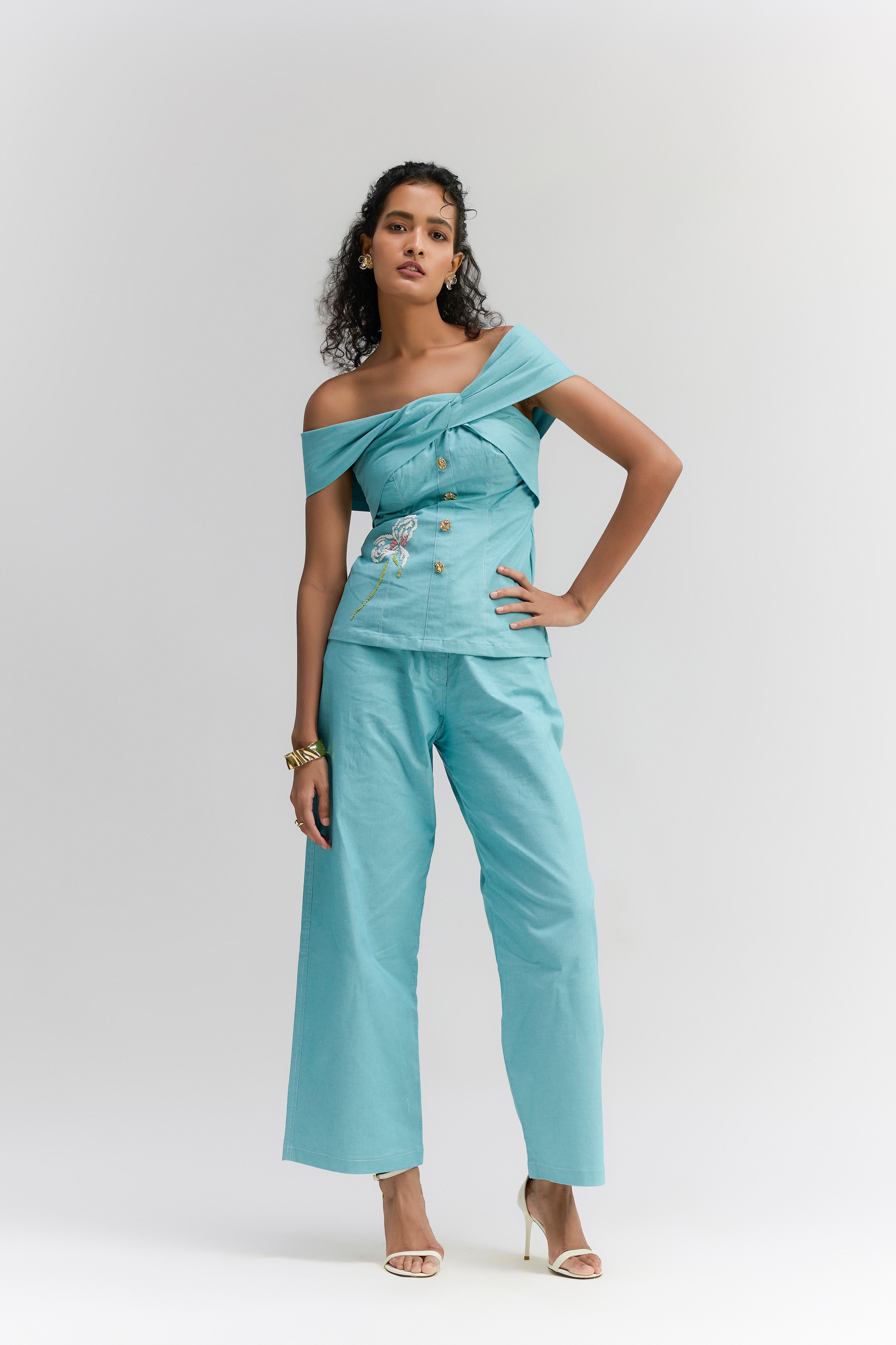 Aqua blue denim off-shoulder Top & pant set