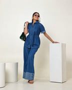 THE DARK DENIM ZIPPER SHIRT WITH WIDE LEG PANTS - Beyond Stitches