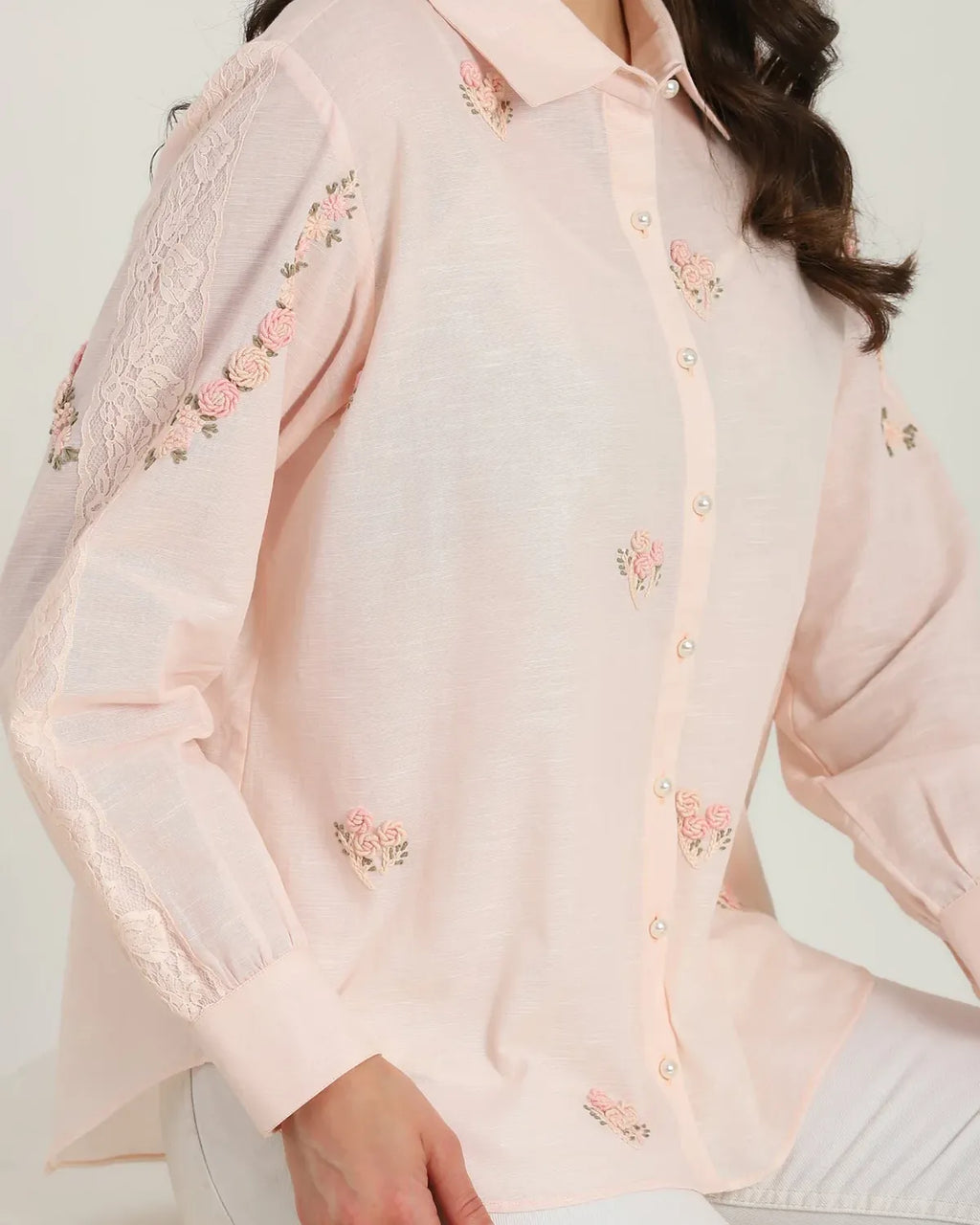 Pink Rose Blush Embroidered French lace Silk Cotton Shirt - Dareiss