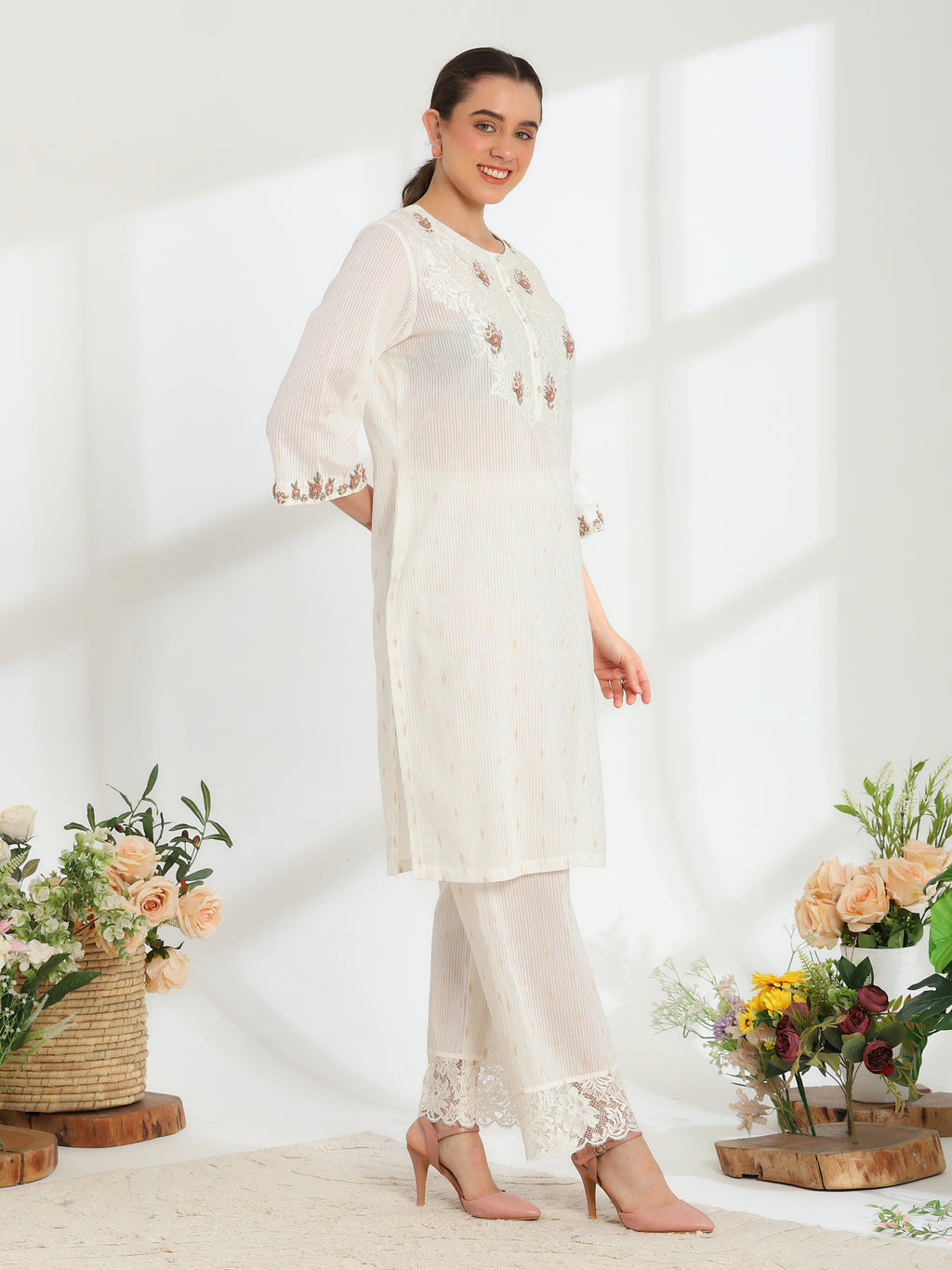 Lumiere Ivory Hand Embroidered French lace cotton dobby Kurta set