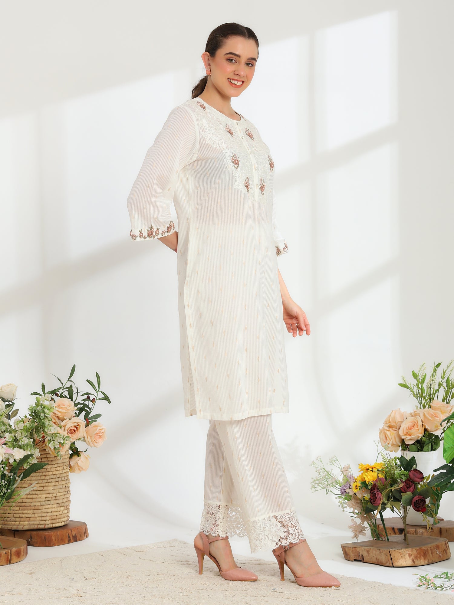 Lumiere Ivory Hand Embroidered French lace cotton dobby Kurta set