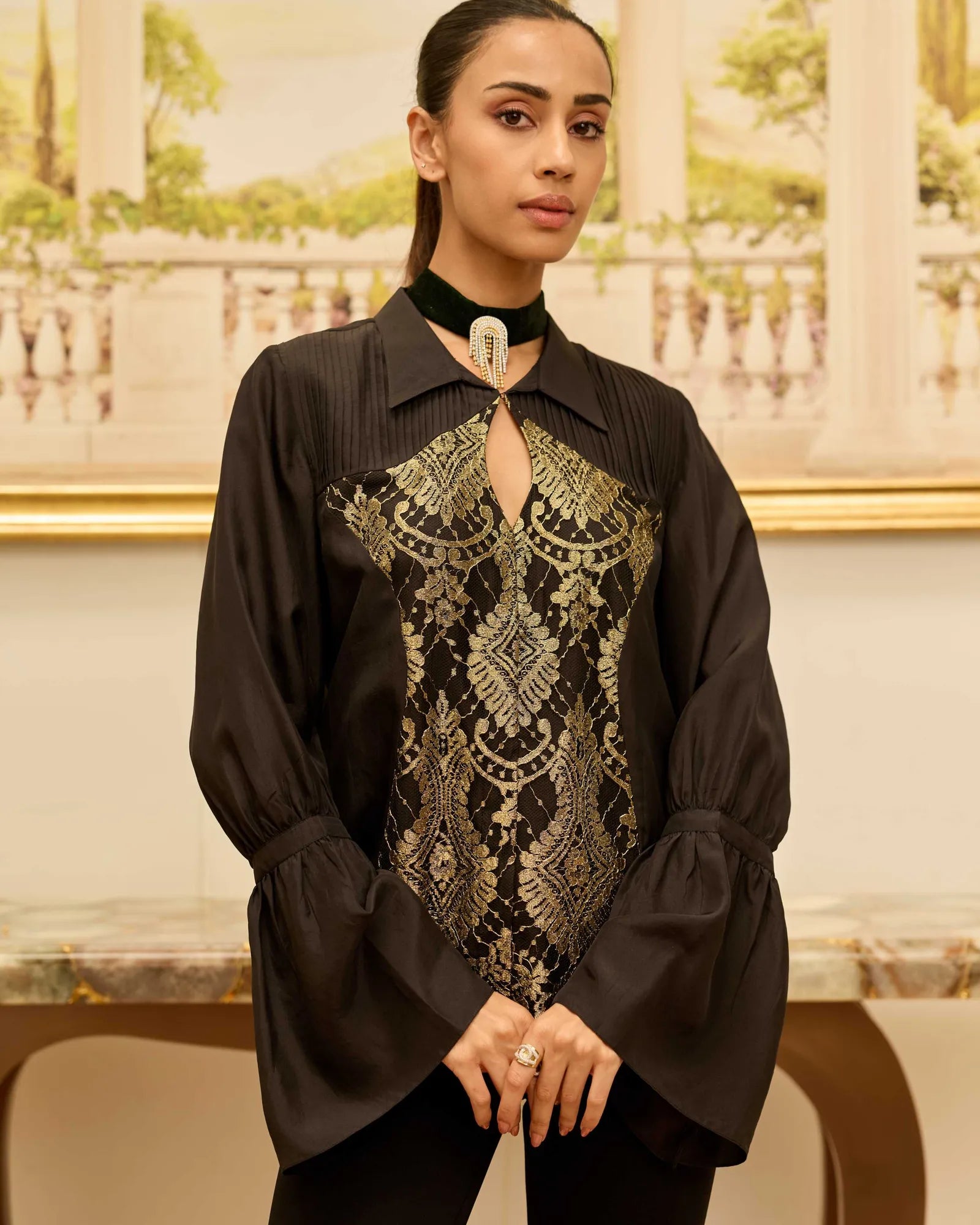 Gilded Legacy Black Habotai Silk Shirt with French Lace Panels
