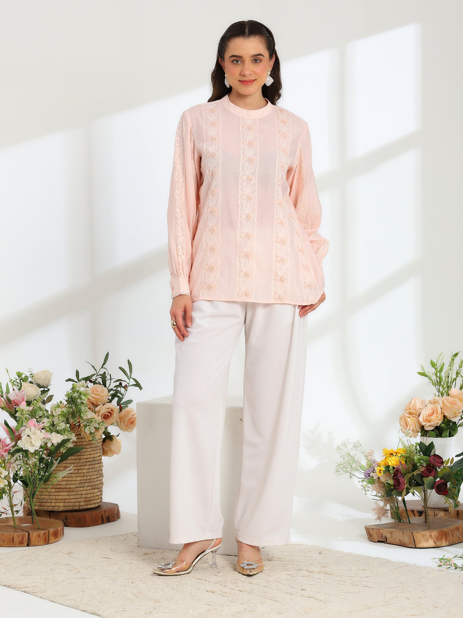 Elan Pink  Hand Embroidered French Lace Silk Cotton Shirt