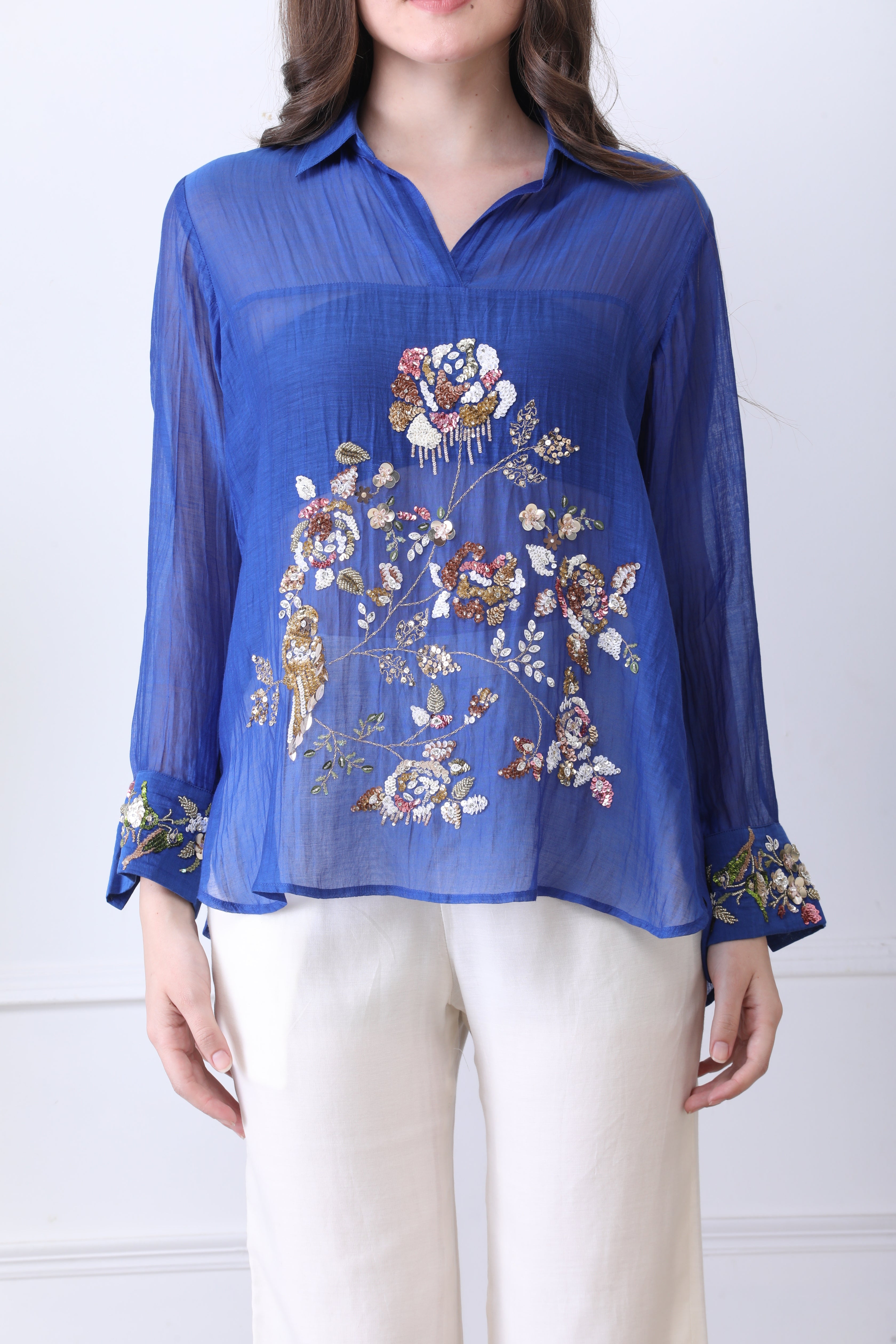 Conor Blue Embroidered Chanderi Top with Ivory Pants