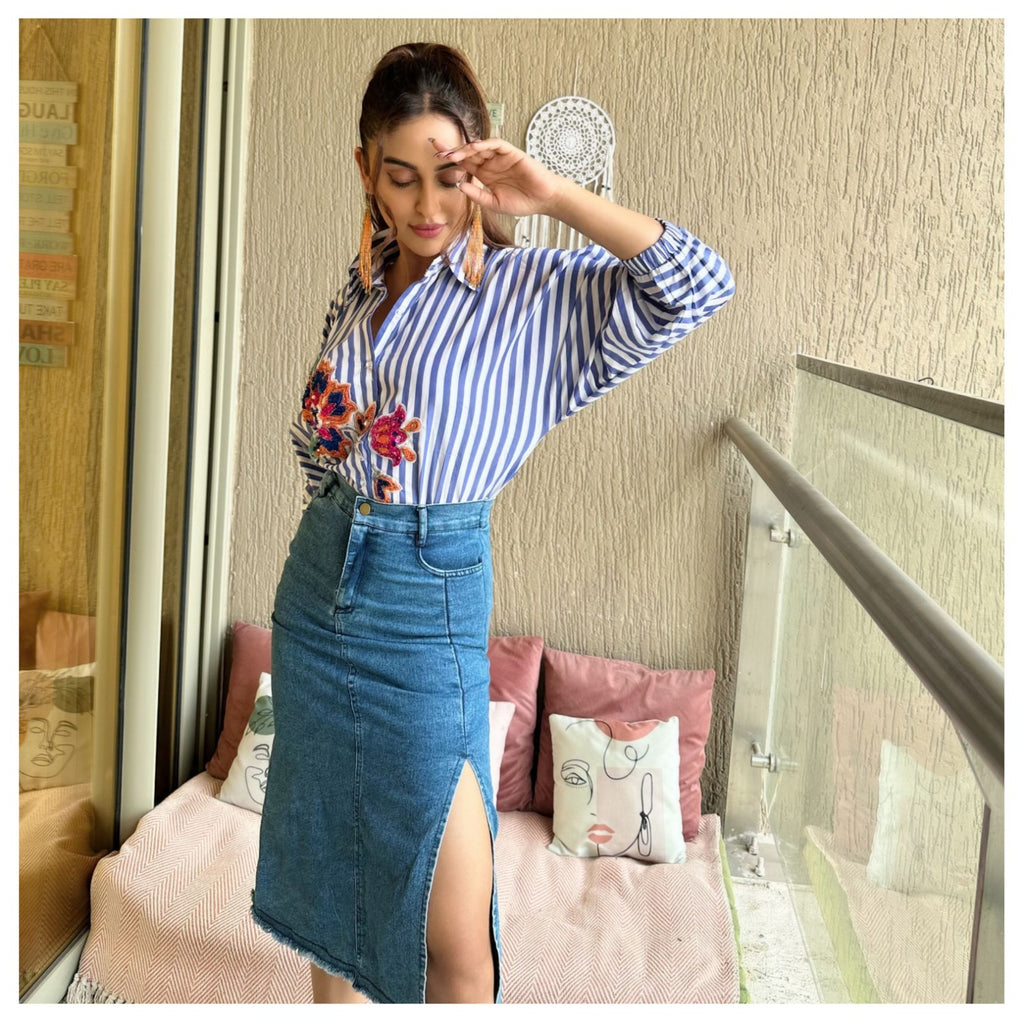 Beaded Floral Raglan Stripe Shirt