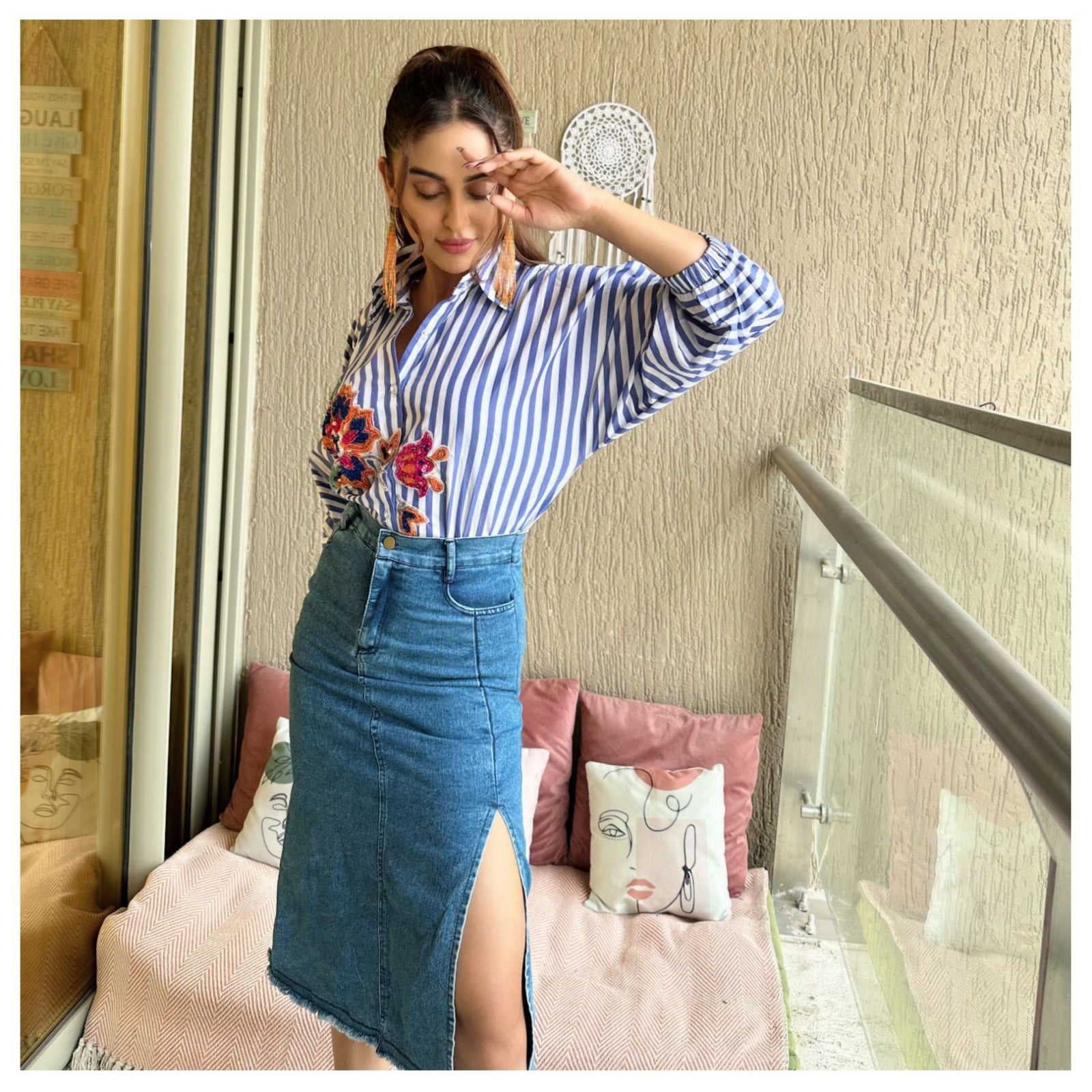 Beaded Floral Raglan Stripe Shirt