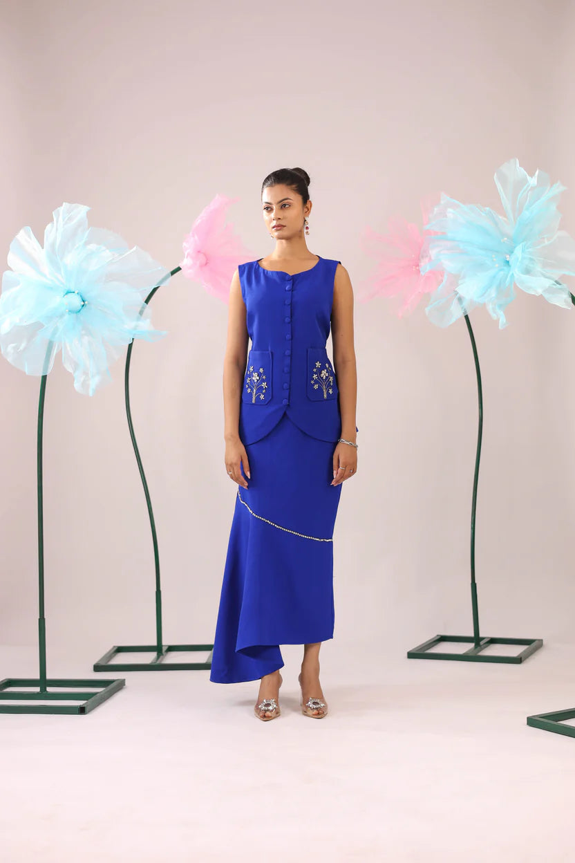 The royal blue floral stone embellished vest with asymmetrical skirt set