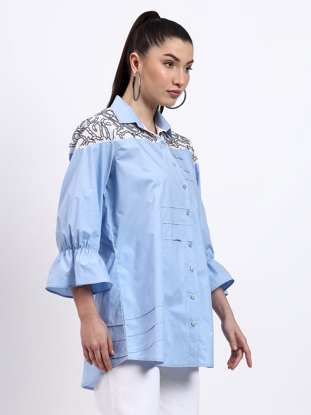 Blue poplin and white chikan embroidered shirt