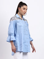 Blue poplin and white chikan embroidered shirt