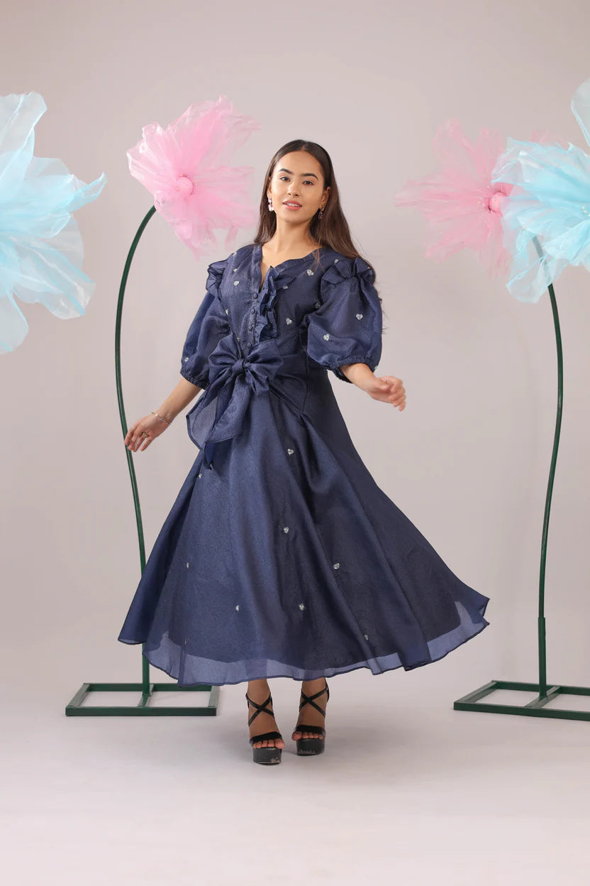 The navy blue heart knot flared midi dress