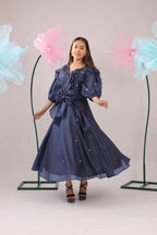 The navy blue heart knot flared midi dress