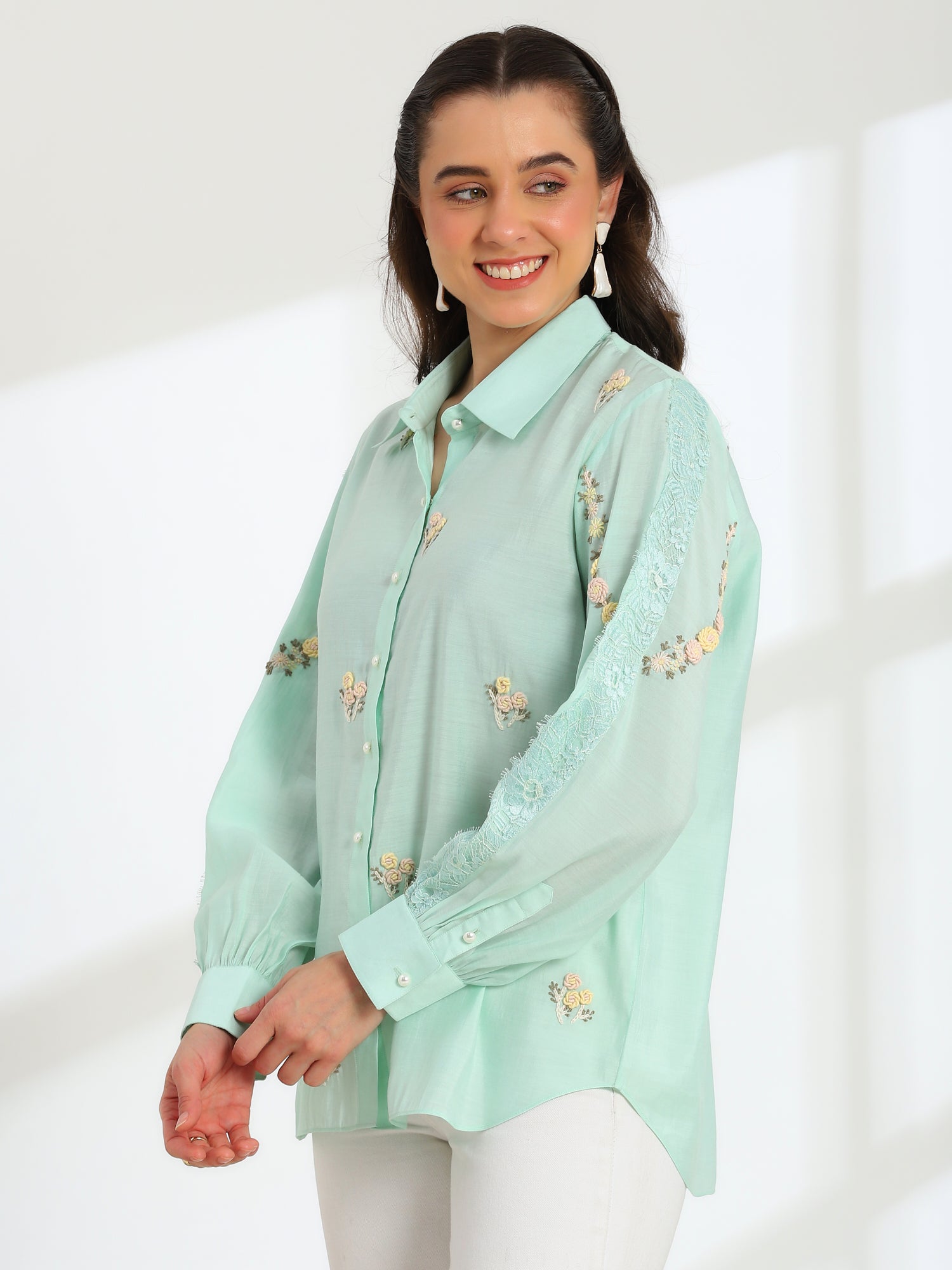 Spring Mint Hand Embroidered French lace Silk Cotton Shirt