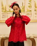 Crimson Bloom Red Hand Embroidered French Lace Habotai Silk Shirt