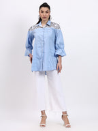 Blue poplin and white chikan embroidered shirt - Gagan Vohra