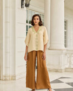 Celestial Echo Soft Beige Hand Embroidered French Lace Habotai Silk Top