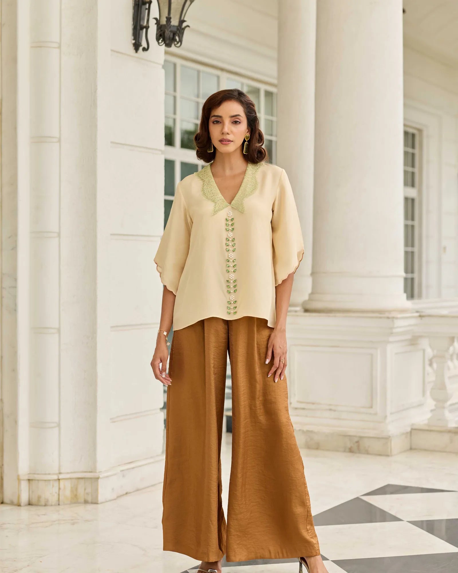 Celestial Echo Soft Beige Hand Embroidered French Lace Habotai Silk Top