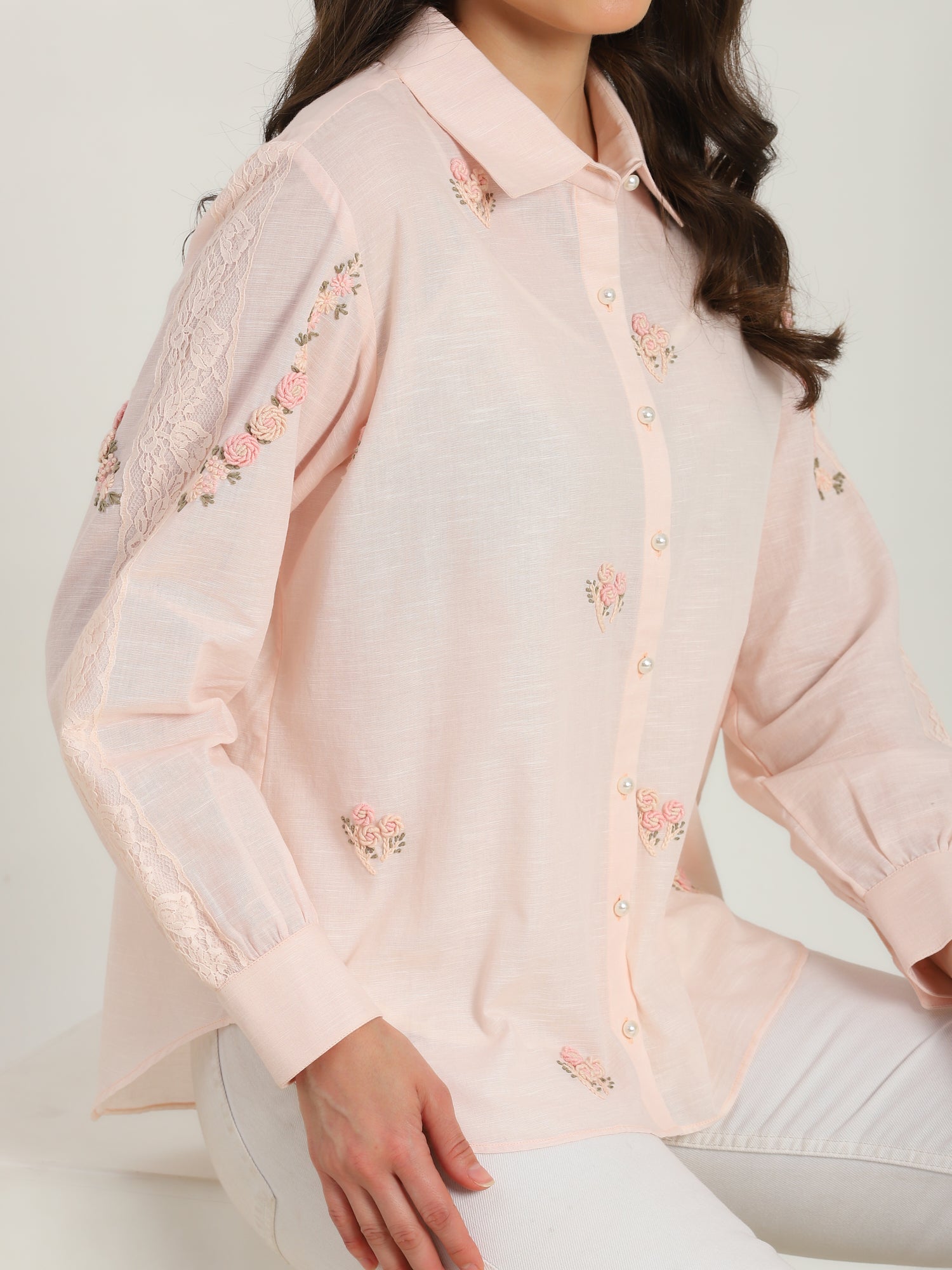 Spring Pink Hand Embroidered French lace Silk Cotton Shirt - Dareiss