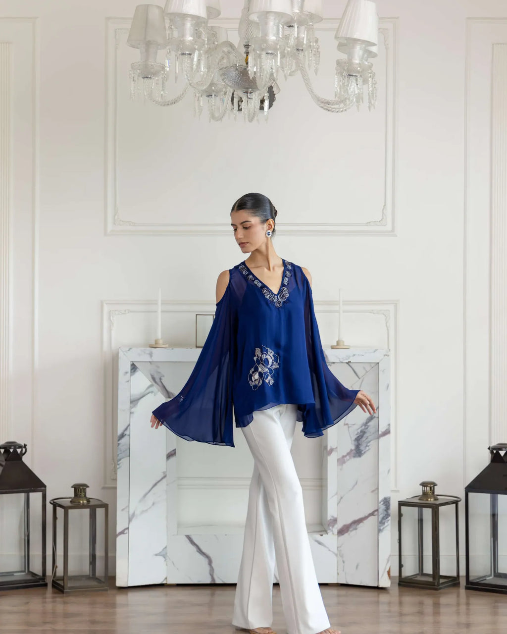 Seraphine Navy Blue Hand embroidered Flat Chiffon Top