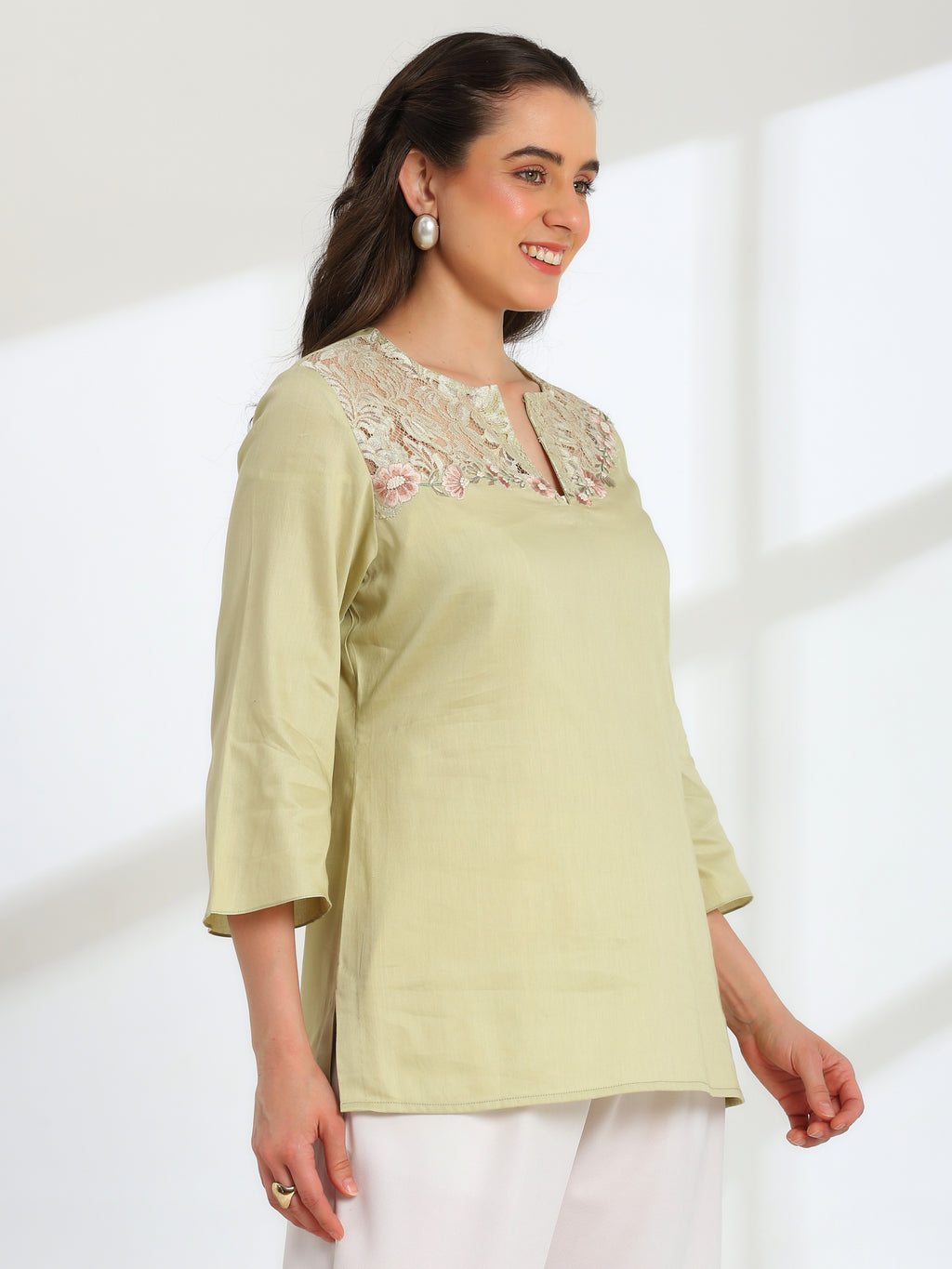 Jade Blossom Embroidered French lace cotton  shirt