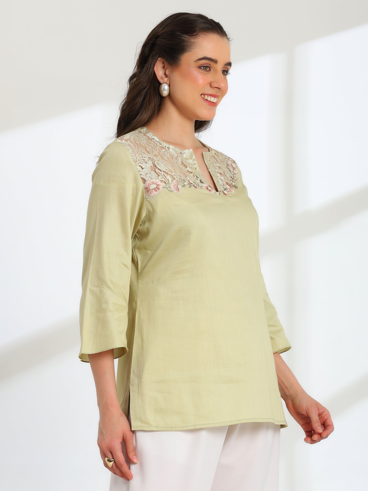 Jade Blossom Embroidered French lace cotton  shirt