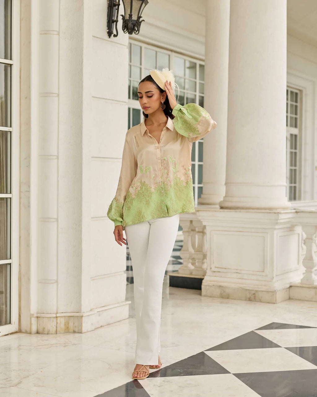 Ember Stone-Sage Hand Embroidered French Lace Satin Silk Shirt