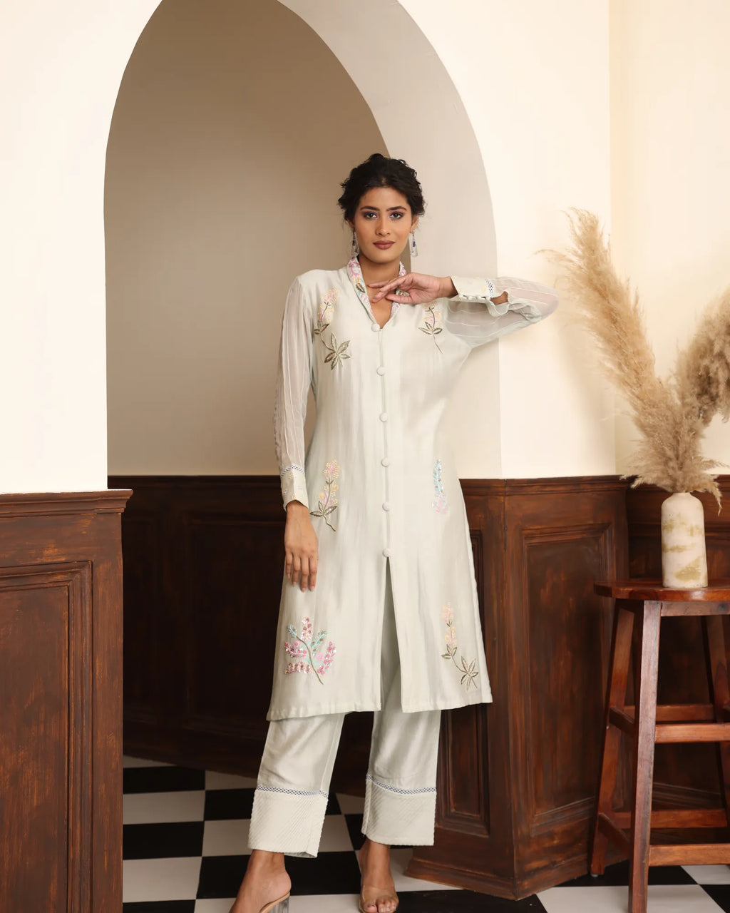 Mint Green Embroidered Fusion Set