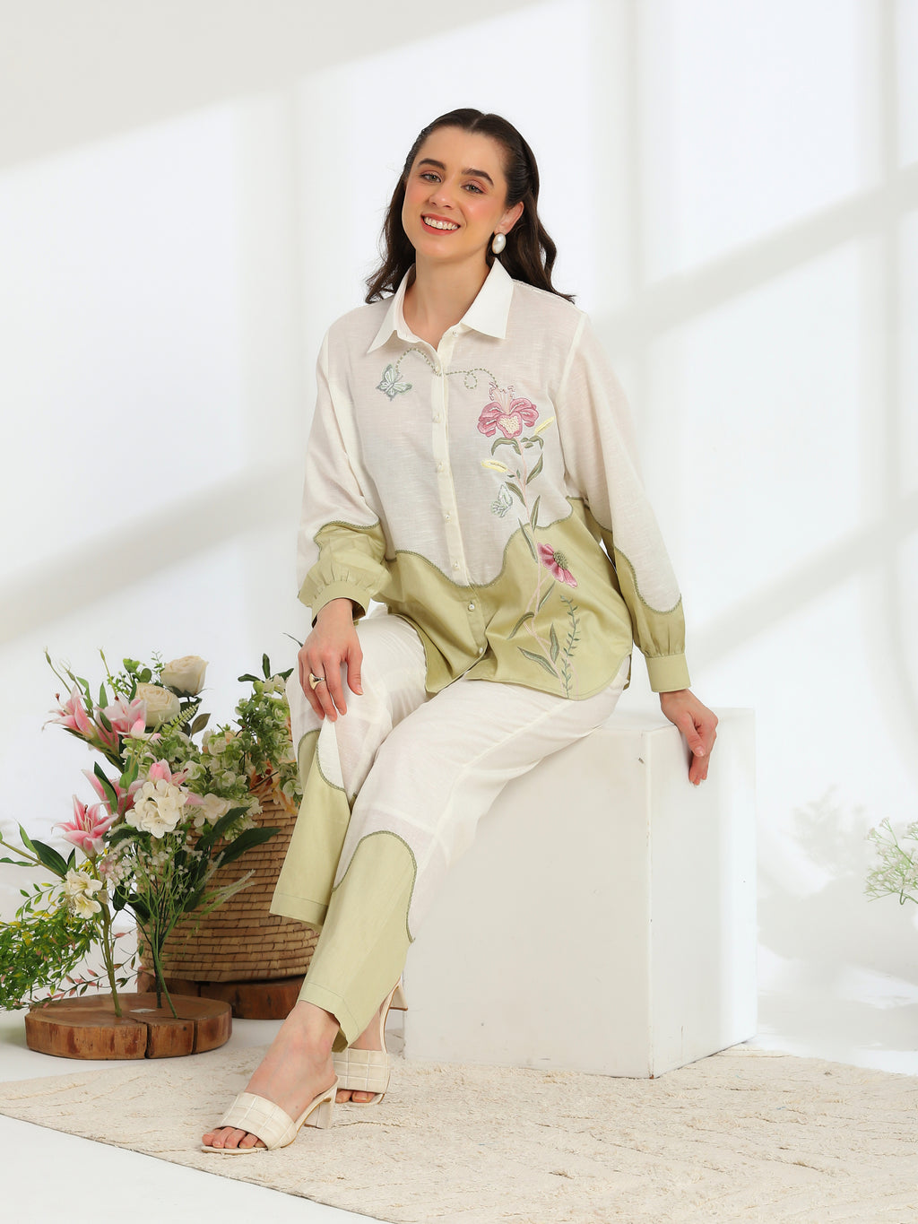 Ether Sage Green Embroidered French lace Silk Linen Co-ord Set - Dareiss