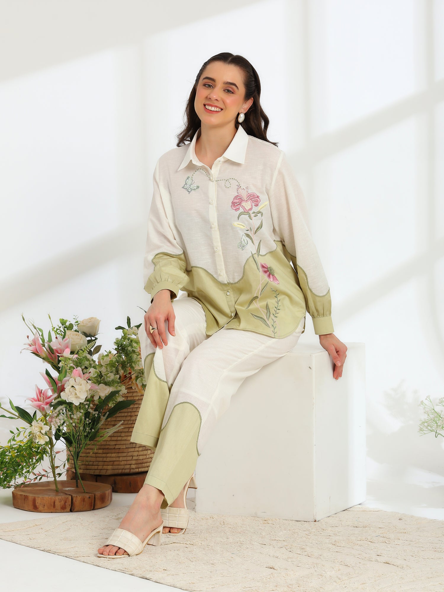 Ether Sage Green Embroidered French lace Silk Linen Co-ord Set - Dareiss