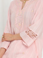 Silvaire Rose Hand Embroidered French lace  cotton lurex Kurta set