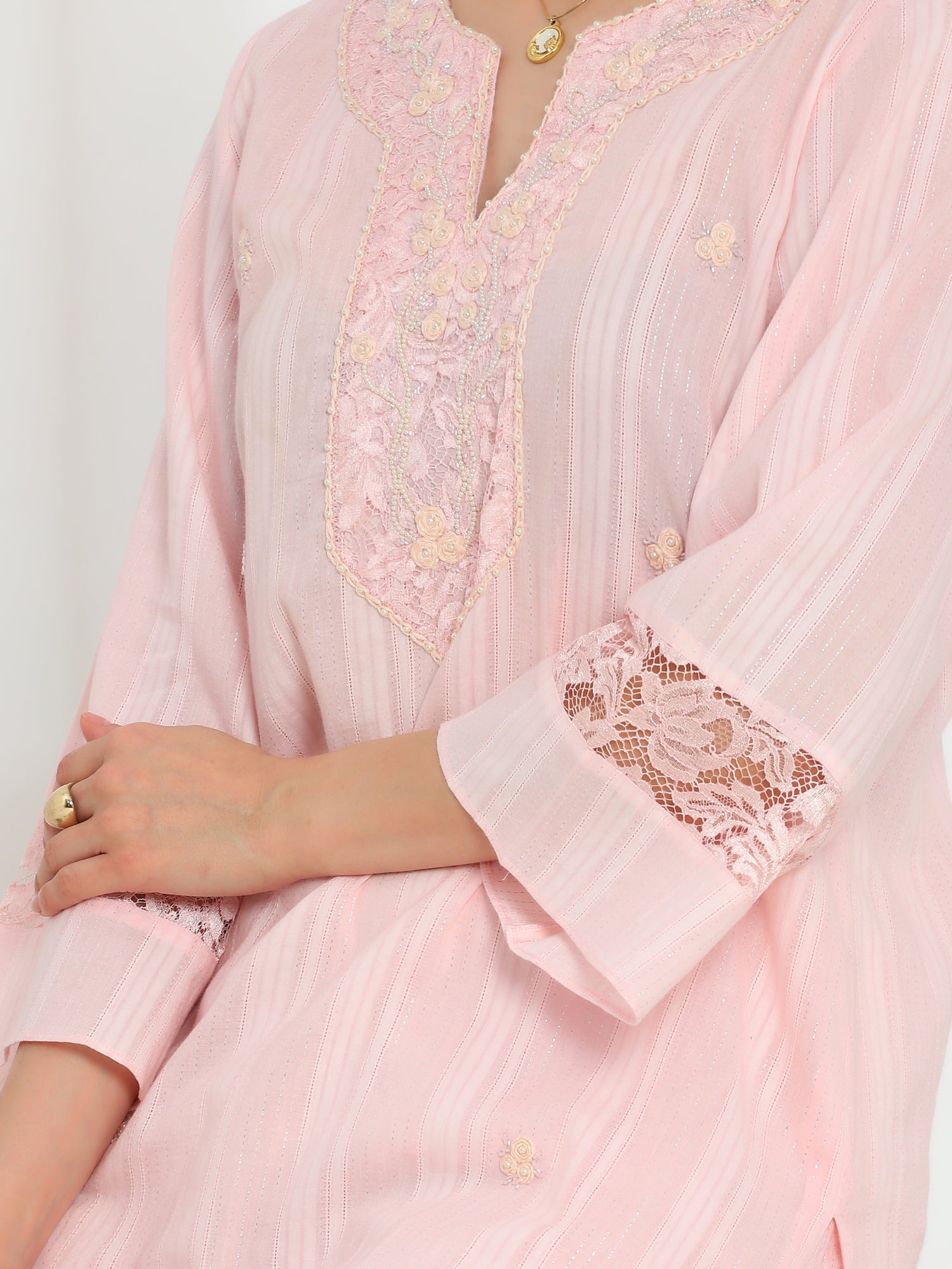 Silvaire Rose Hand Embroidered French lace  cotton lurex Kurta set