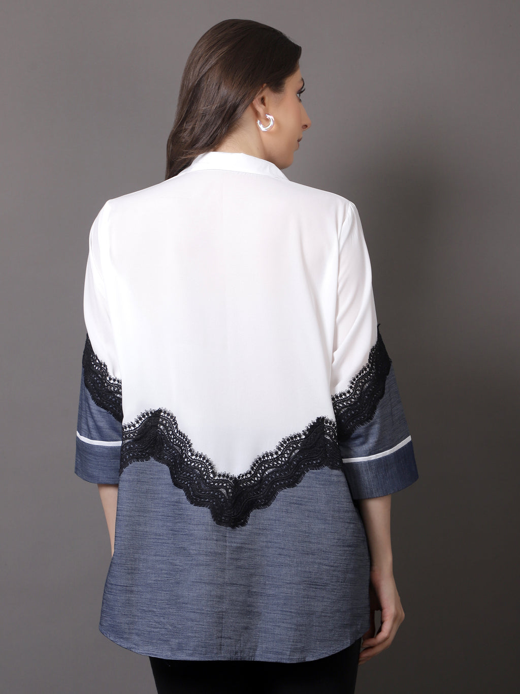 White Georgette and denim shirt with lace detailing