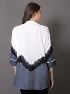 White Georgette and denim shirt with lace detailing