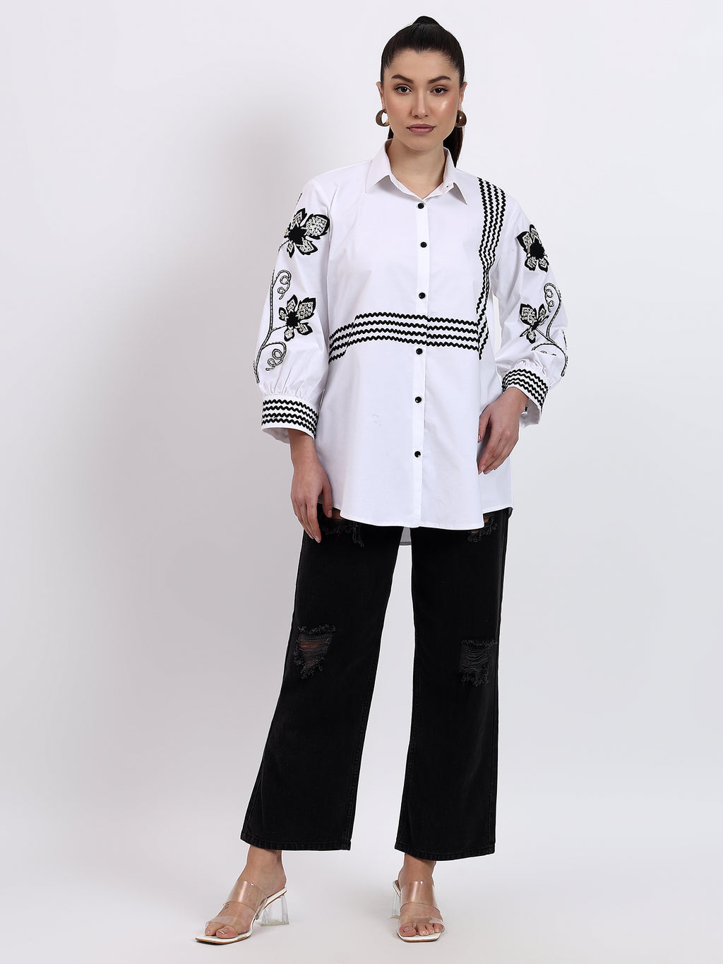 White Ric Rac Embroidered Shirt