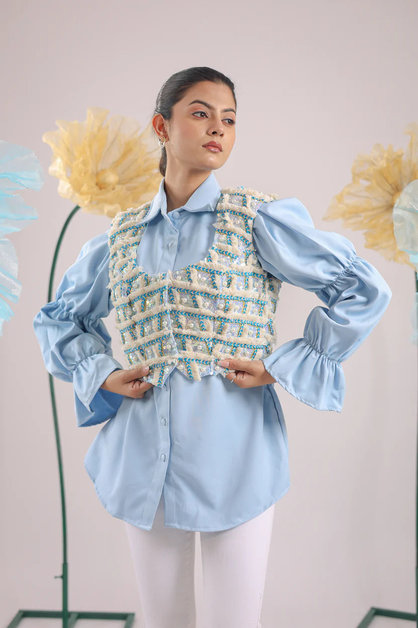 THE SKY BLUE EMBELLISHED JACKET WITH BALLOON SLEEVES CRAPE SHIRT