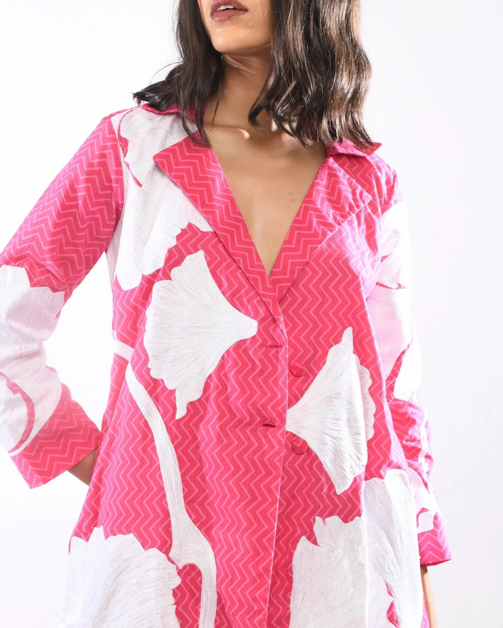 Pink Zigzag Printed  Embroidered Trench Coat And Pant Set - Itara