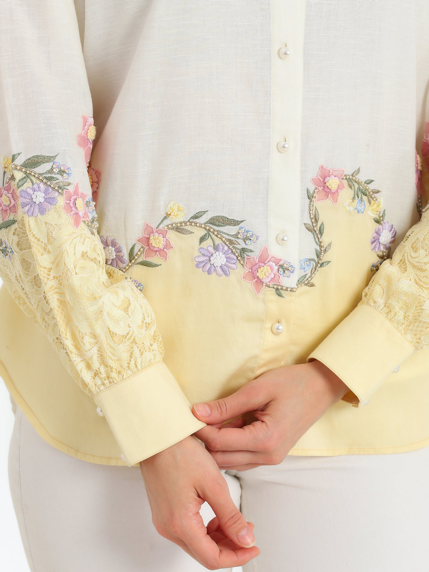 Sunlit  Yellow Garden Embroidered French lace Silk Linen Shirt