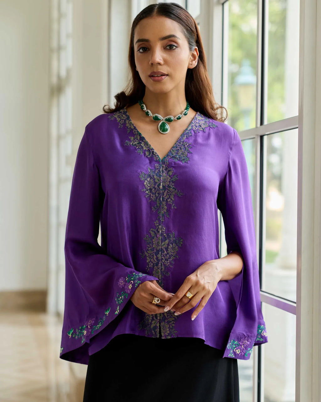 Elaria Purple Hand Embroidered French Lace Twill Silk Shirt - Dareiss