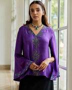 Elaria Purple Hand Embroidered French Lace Twill Silk Shirt - Dareiss