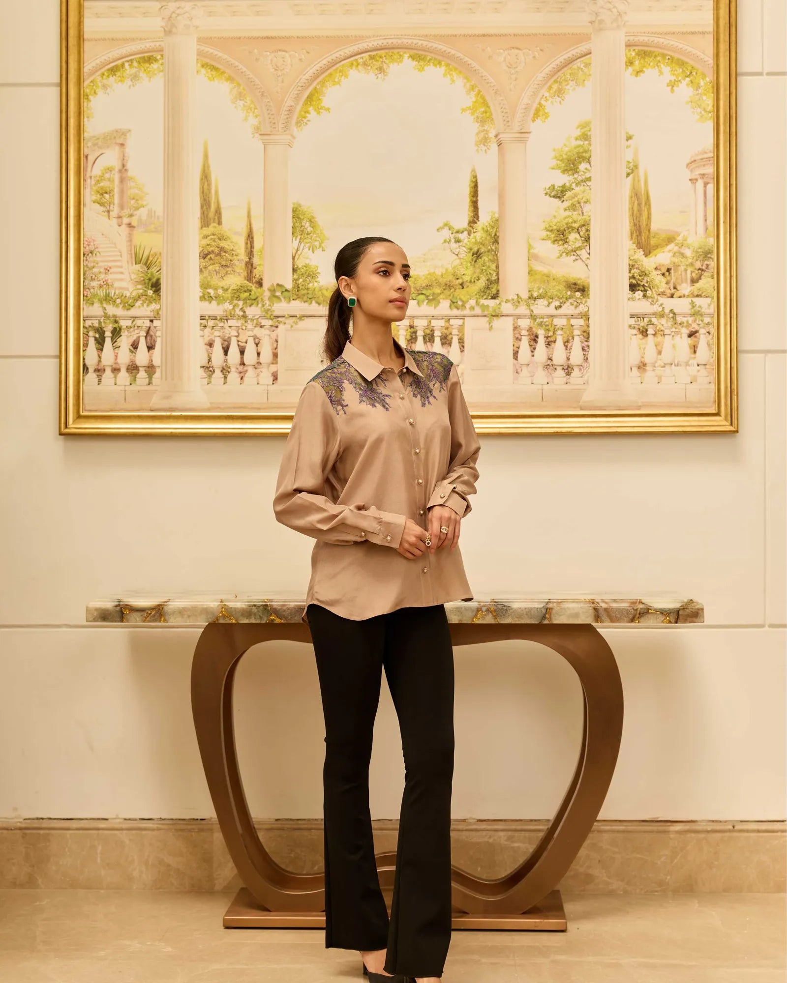 Love-Worn Gold Fondant French Lace Habotai Silk Shirt