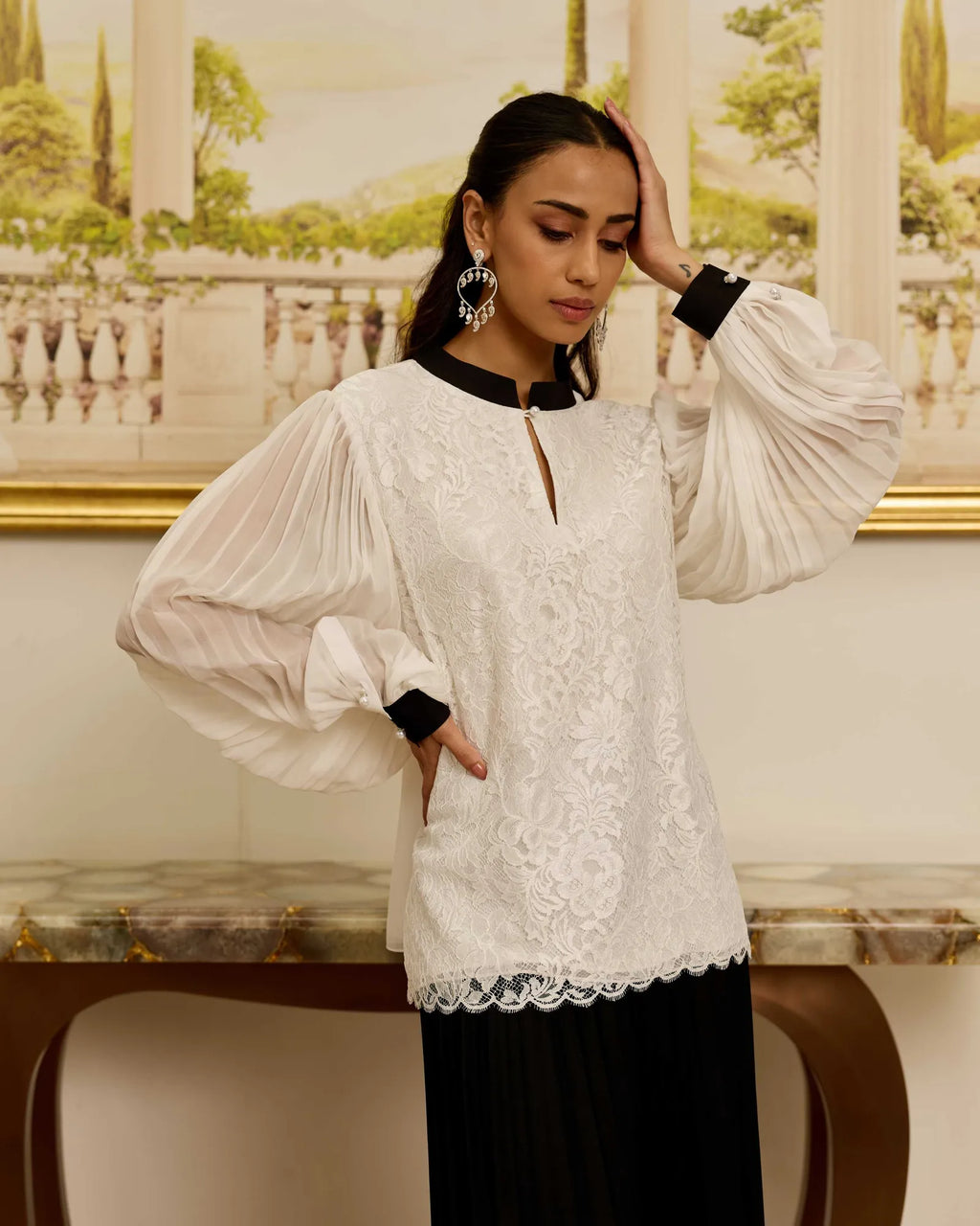 Celestia White French Lace Chiffon Blouse