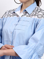 Blue poplin and white chikan embroidered shirt