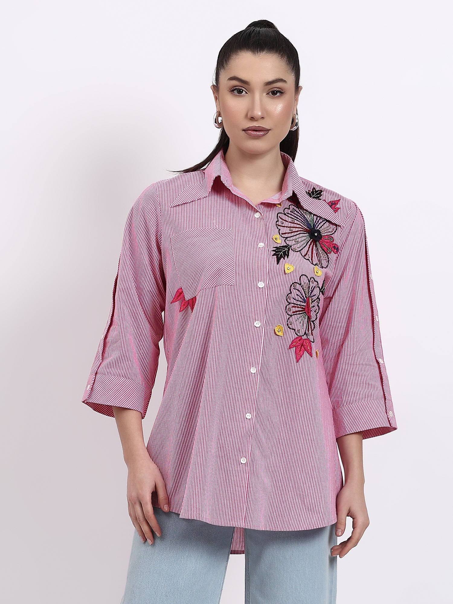 Pink stripes embroidered shirt