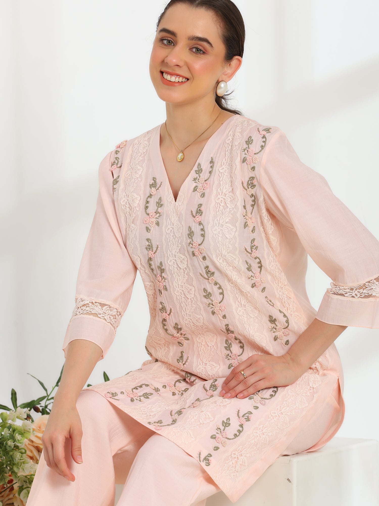Rosella Bloom Hand Embroidered French lace Cotton Silk Kurta set