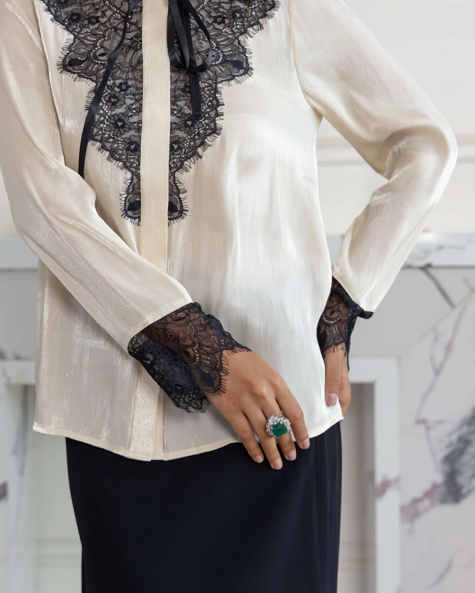 Moonstone Beige Shimmer French Lace Chiffon Top - Dareiss