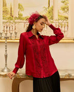 Amulet Cherry Red French Lace Panel Hand Embellished Twill Silk Shirt