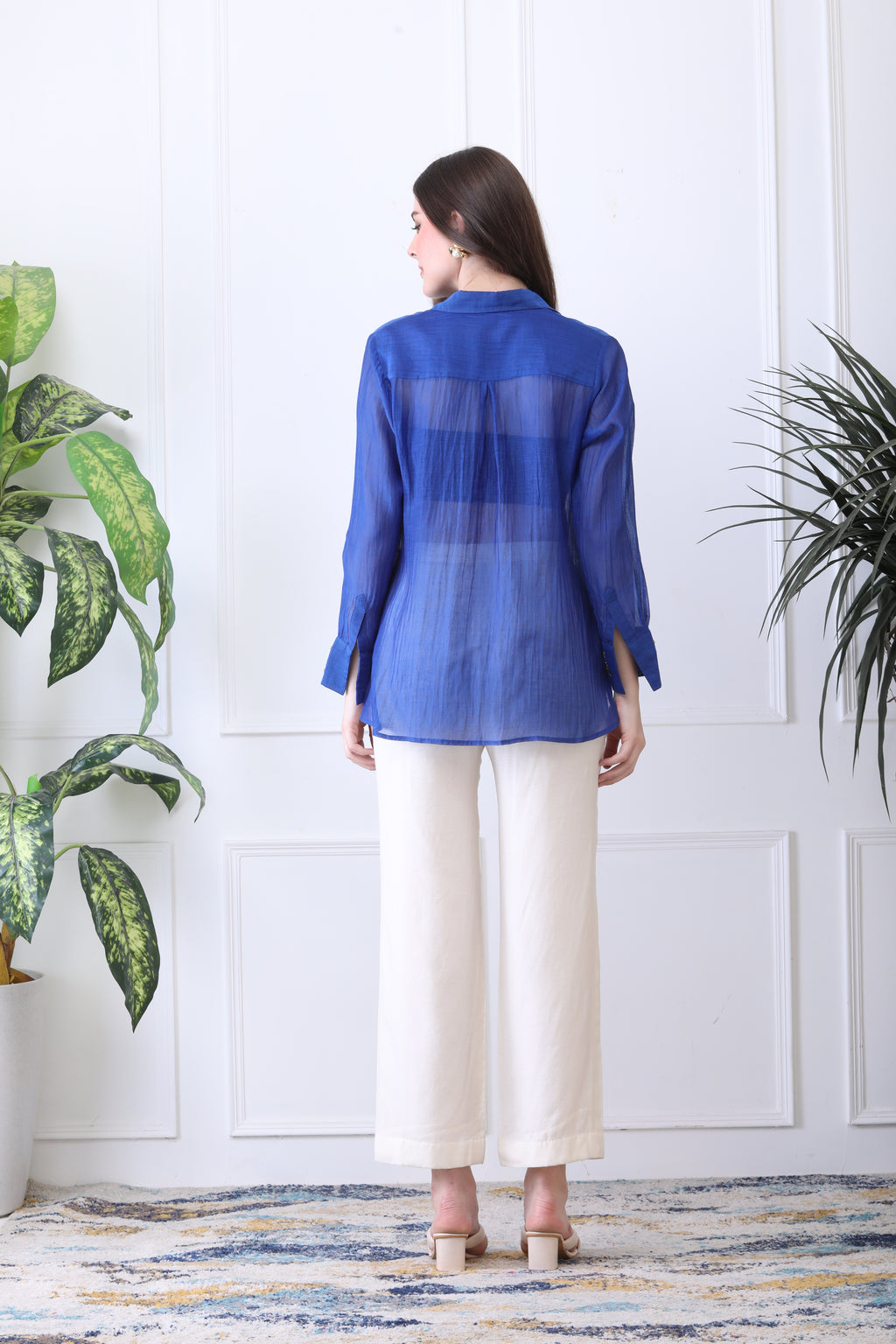 Conor Blue Embroidered Chanderi Top with Ivory Pants