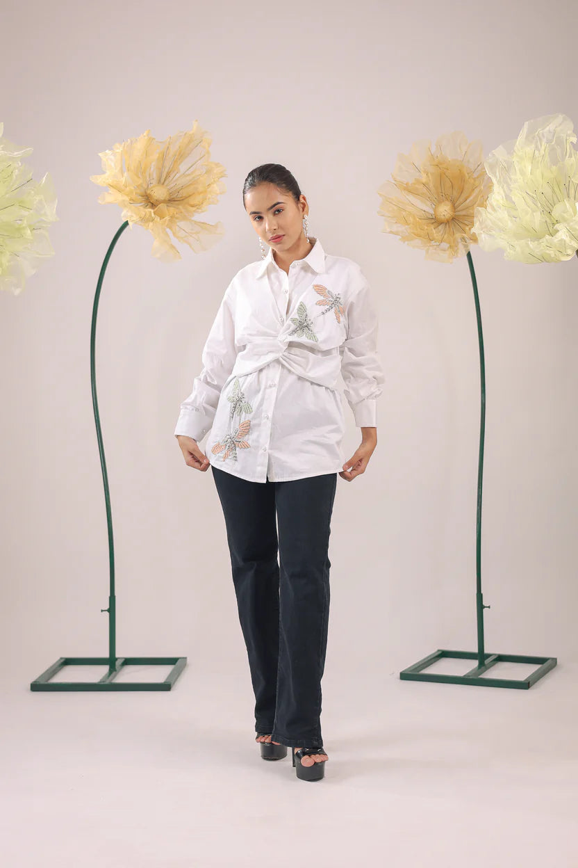 THE WHITE KNOT COTTON SHIRT WITH DRAGON FLY EMBELLISHMENTS